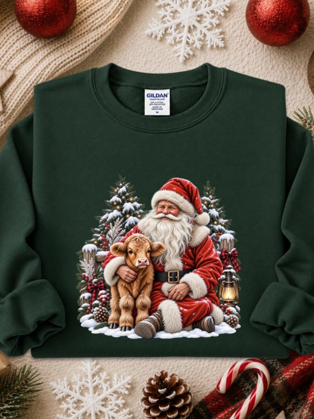 Santa Holding Highland Calf Sweatshirt Graphic Crewneck Christmas Holiday Season